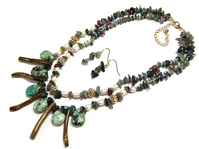 Genuine mixed gem stone 2 line  necklace and earring set