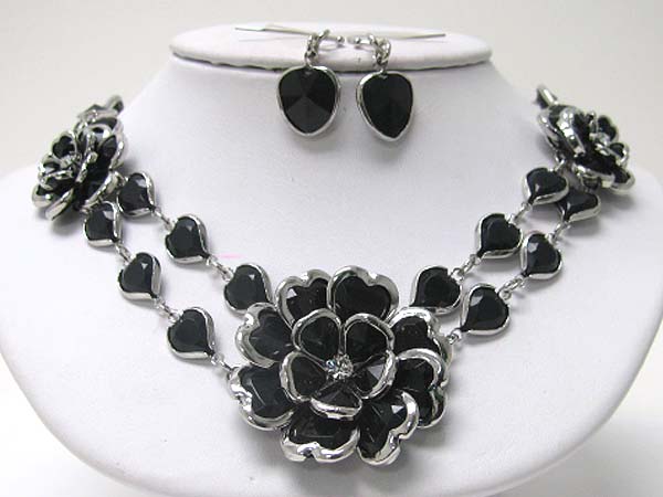 Acryl and crystal art deco flower link necklace earring set