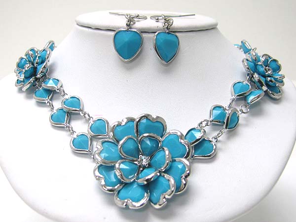 Acryl and crystal art deco flower link necklace earring set