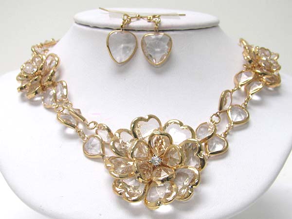 Acryl and crystal art deco flower link necklace earring set