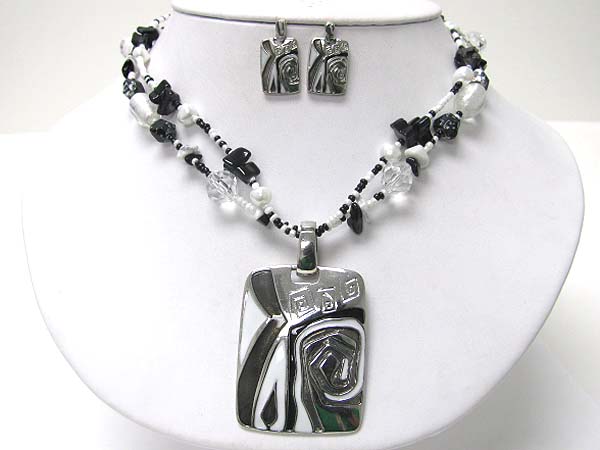 Enamel art work pendant mixed beads and chip stone necklace earring set