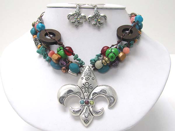 Mixed natueal stone fleur de lis pendant neckalce earring set