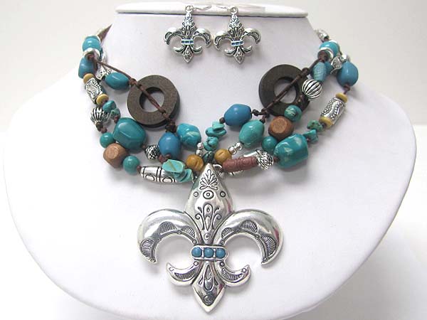 Mixed natueal stone fleur de lis pendant neckalce earring set