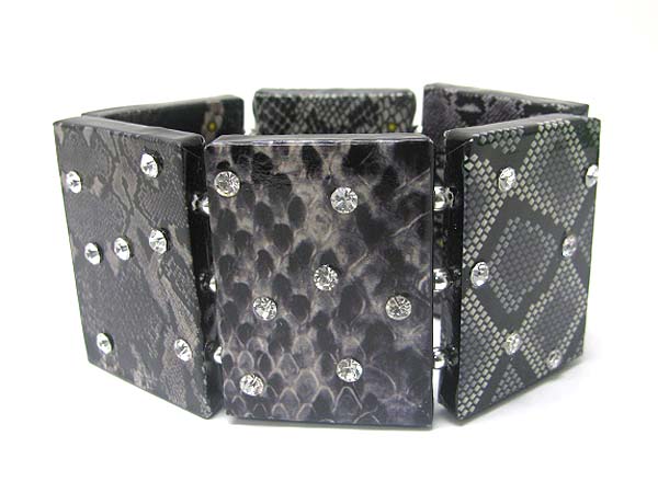 Crystal stud snake skin pattern paper art work wood stretch bracelet