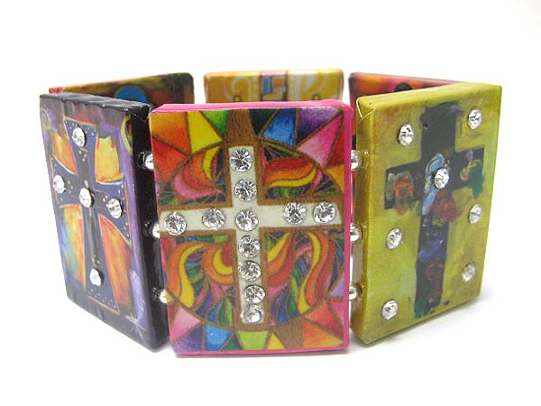 Crystal stud cross design paper art work wood stretch bracelet