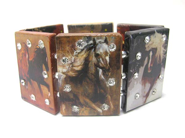 Crystal stud horse design paper art work wood stretch bracelet