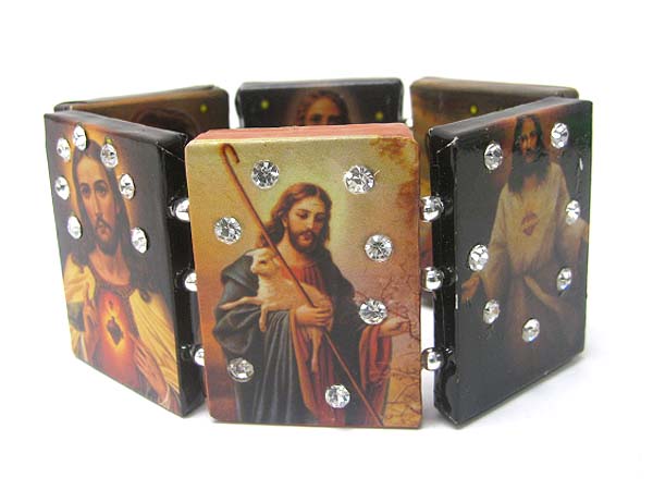 Crystal stud jesus design paper art work wood stretch bracelet