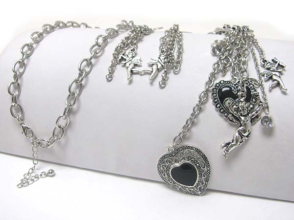 Marcasite look texture heart and angel charm long necklace earring set