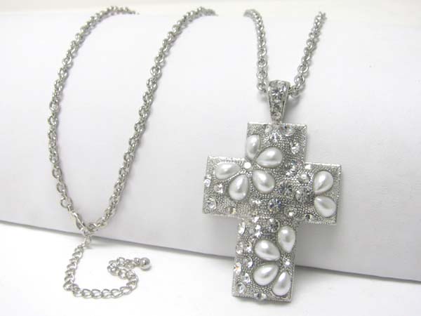 Large crystal and pearl stud cross charm dangle long neckalce earring set