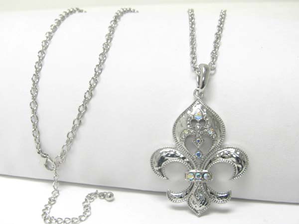 Large crystal stud fleur de lis charm dangle long neckalce earring set