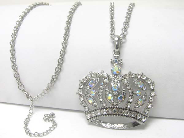 Large crystal stud crown charm dangle long neckalce earring set