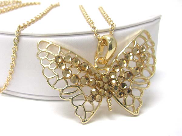 Crystal stud large butterfly pendant long chain necklace