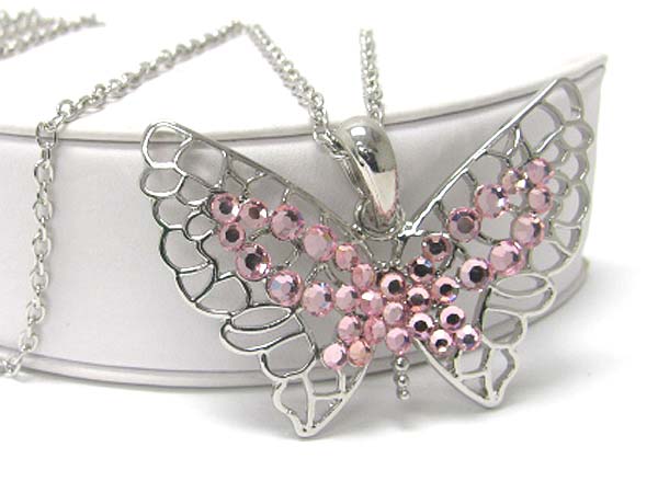 Crystal stud large butterfly pendant long chain necklace