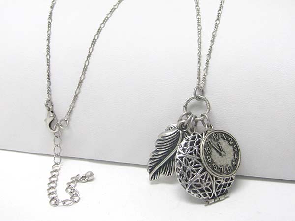 Antique look leaf and clock and round locket charm dangle long chain necklace