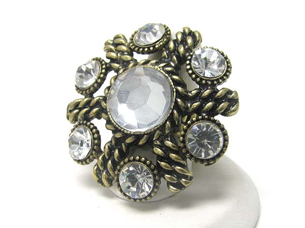 Crystal deco antique metal round stretch ring