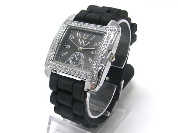 Crystal stud square face rubber band fashion watch 