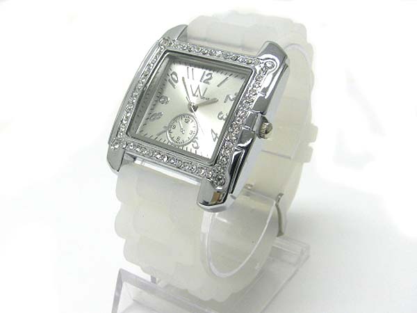 Crystal stud square face rubber band fashion watch 