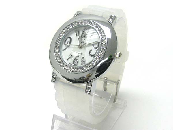 Crystal stud round face rubber band fashion watch