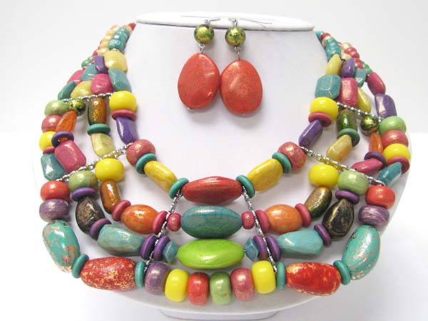 Multi row patina beads necklace earring set