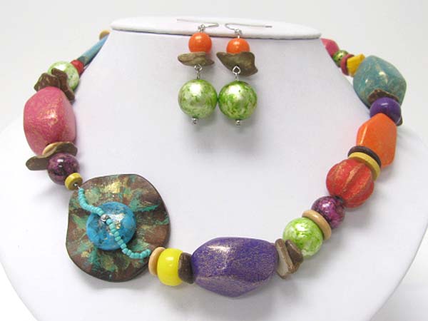 Patina and mixed beads necklace earring set