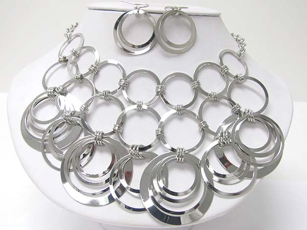 Multi level metal hoop link necklace earring set - hoops