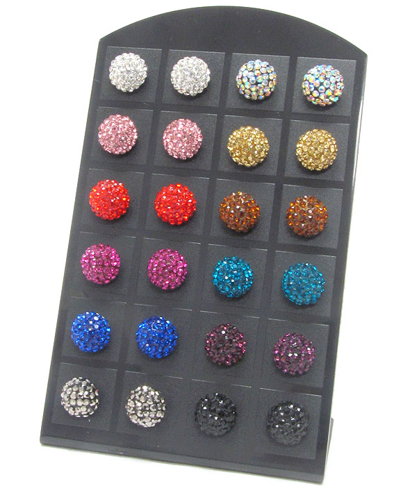 12 pair crystal mixed color half ball earring dozen set (it comes with display) mens jewelry