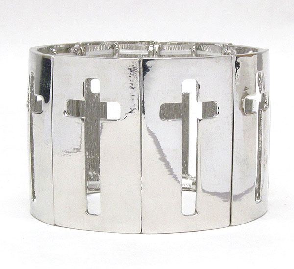 Plain metal cross cut bar link stretch bracelet