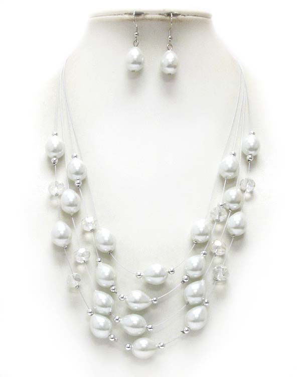 Multi row pearl bead illusion necklace earring set