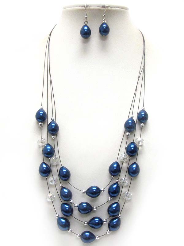 Multi layered wire and pearl bead necklace earring set