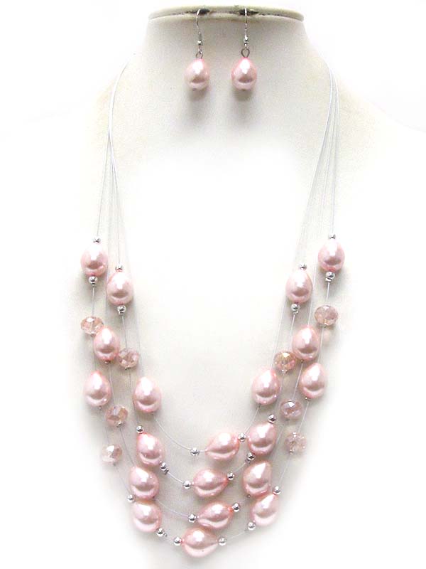 Multi layered wire and pearl bead necklace earring set