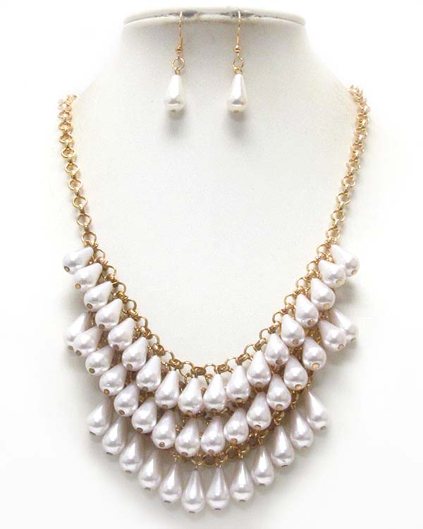 Three layered pearl drop necklace earring set