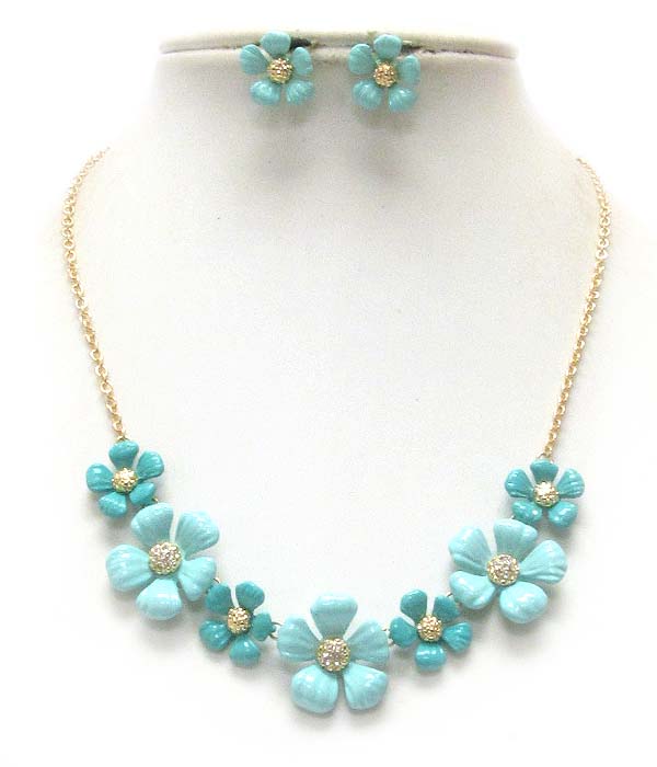 Crystal center and epoxy deco multi flower link necklace earring set