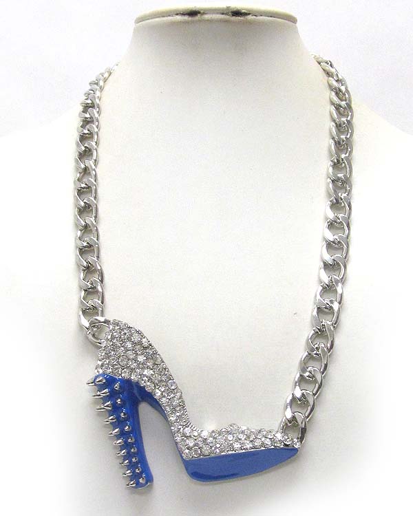 Crystal stud large spike high heel pendant and thick chain necklace