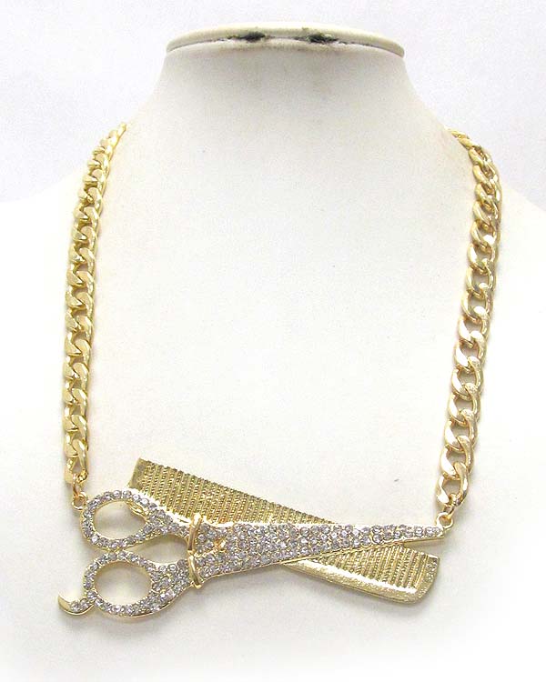 Crystal stud large scissor and comb pendant and thick chain necklace