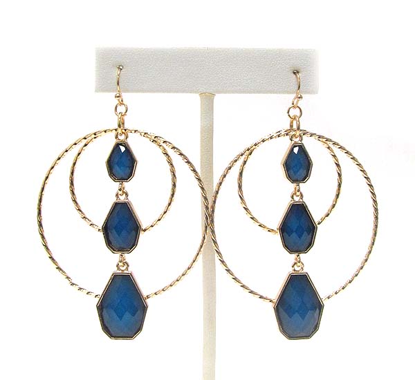 Triple facet glass drop and double wire hoop earring - hoops