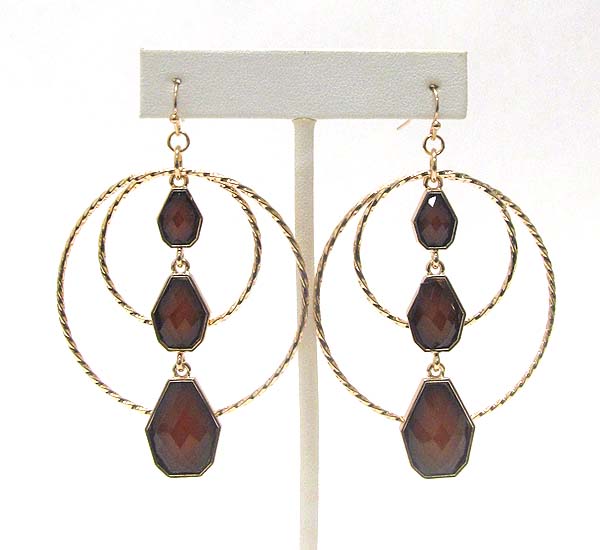 Triple facet glass drop and double wire hoop earring - hoops