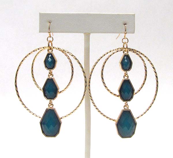 Triple facet glass drop and double wire hoop earring - hoops