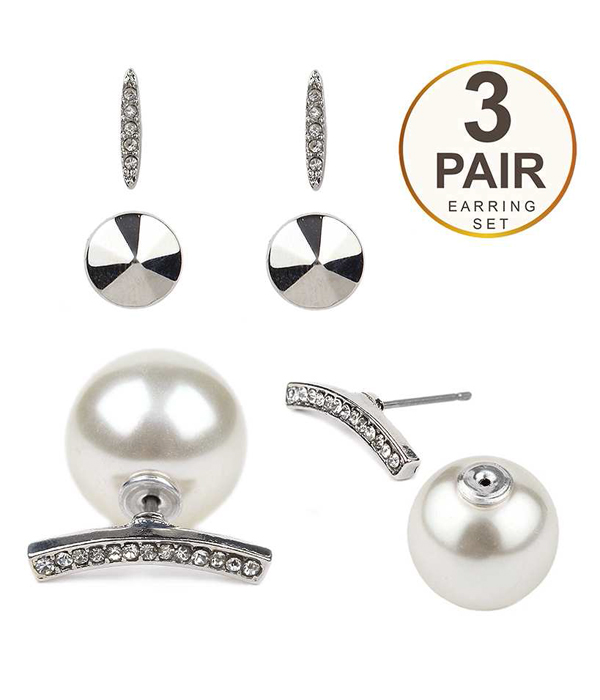 Crystal bar and pearl front and back double sided 3 pair earring set