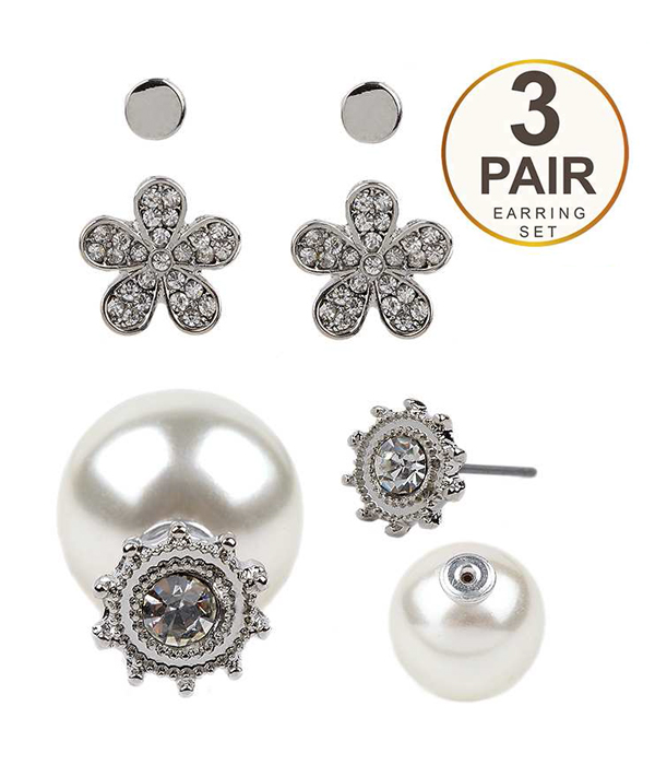 Crystal flower and pearl front and back double sided 3 pair earring set