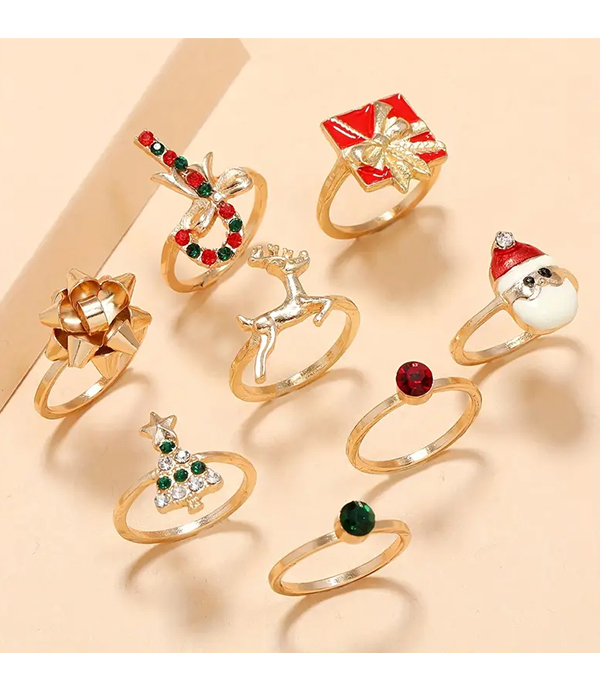 Christmas theme 8 piece ring set - santa tree gift box