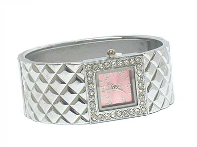 Crystal side deco square face metal hinge watch