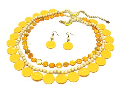 Multi strands acrylic round disk and bead necklace and earring set