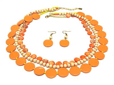 Multi strands acrylic round disk and bead necklace and earring set