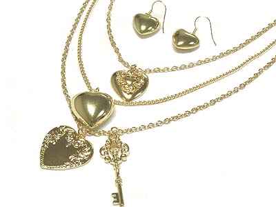 Multi layer metal heart charms necklace and earring set