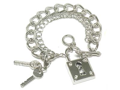 Crystal deco lock and key charm double chain clasp bracelet