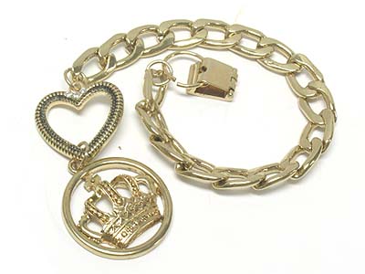 Crown and heart charm large chain clasp bracelet 