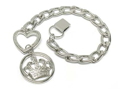 Crown and heart charm large chain clasp bracelet 