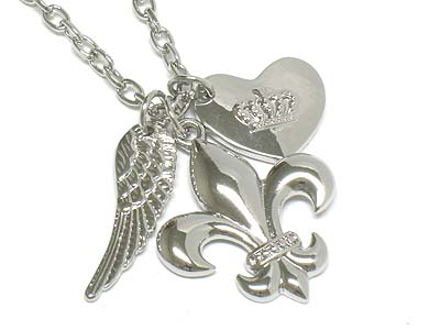 Metal fleur de lis and heart charm necklace 