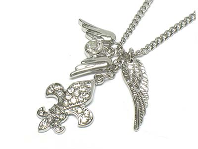 Crystal deco fleur de lis and wing necklace