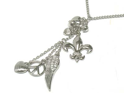 Metal fleur de lis and multi charms and dangles necklace 